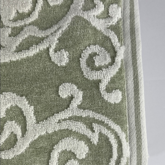 Common Thread Bath Towel Set Green White Scroll Jaquered Damask Cotton 2 Pc - Picture 4 of 7